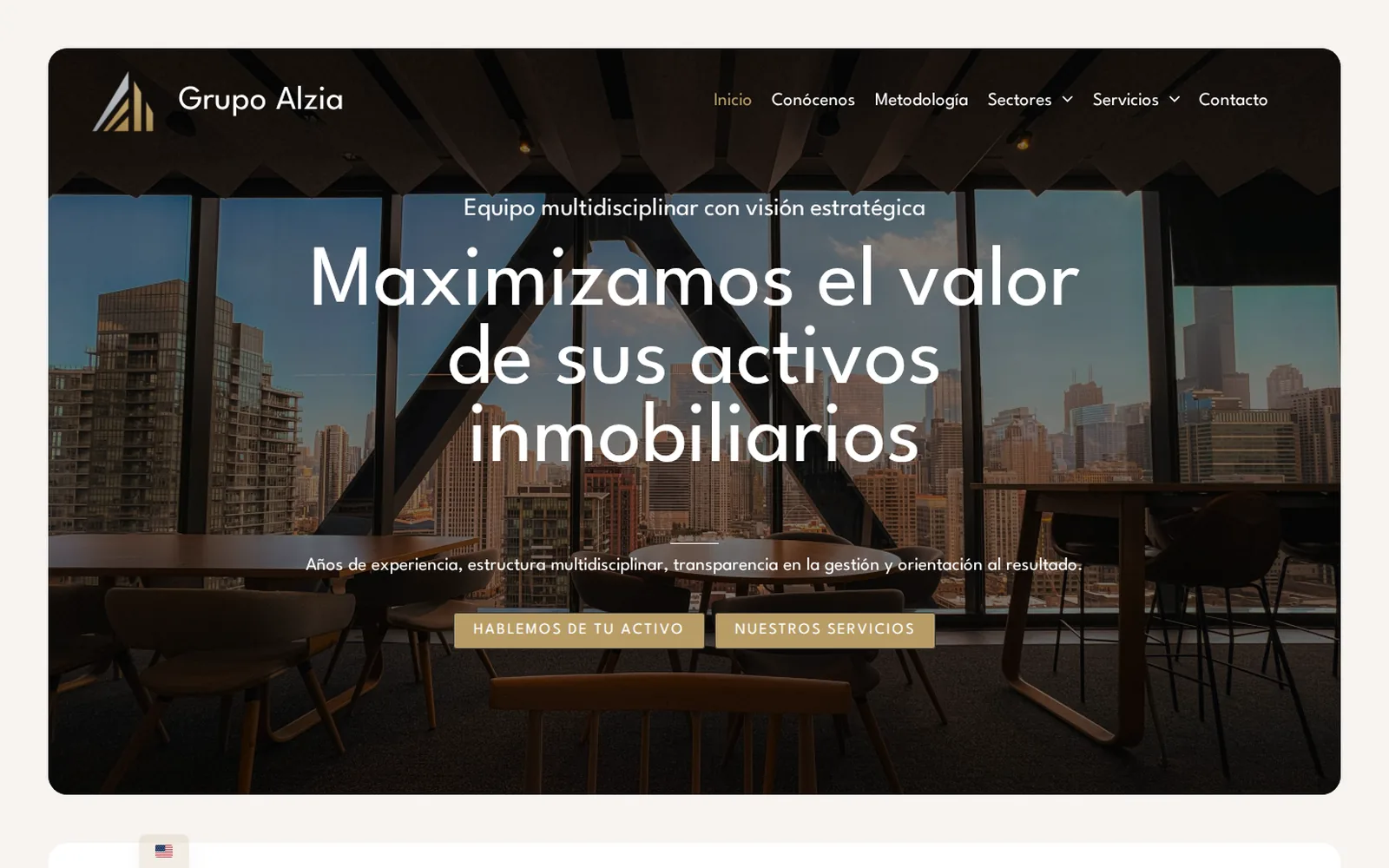 Página de inicio de Grupo Alzia con el titular «Maximizamos el valor de sus activos inmobiliarios»