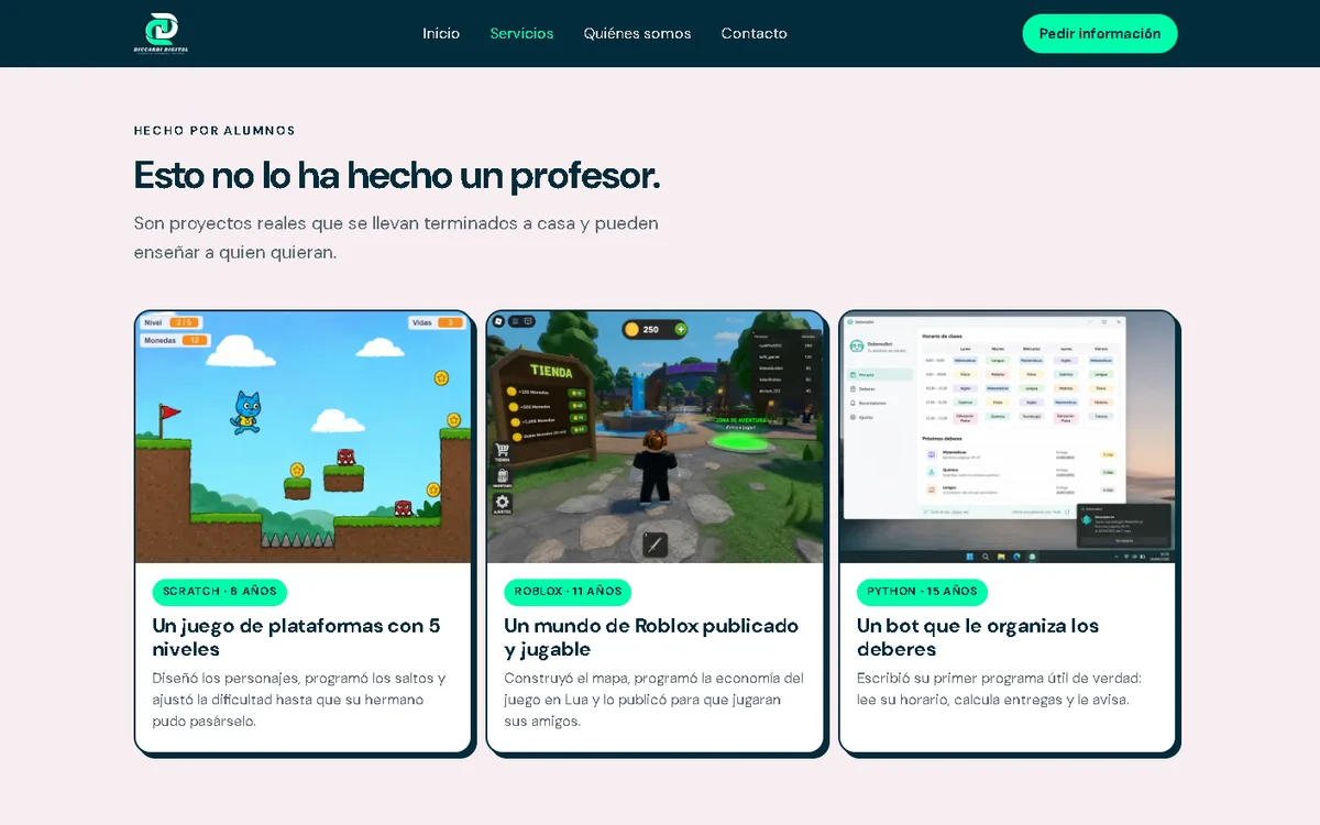 Proyectos de alumnos de Diccardi Digital: un juego en Scratch, un mundo de Roblox y un bot en Python