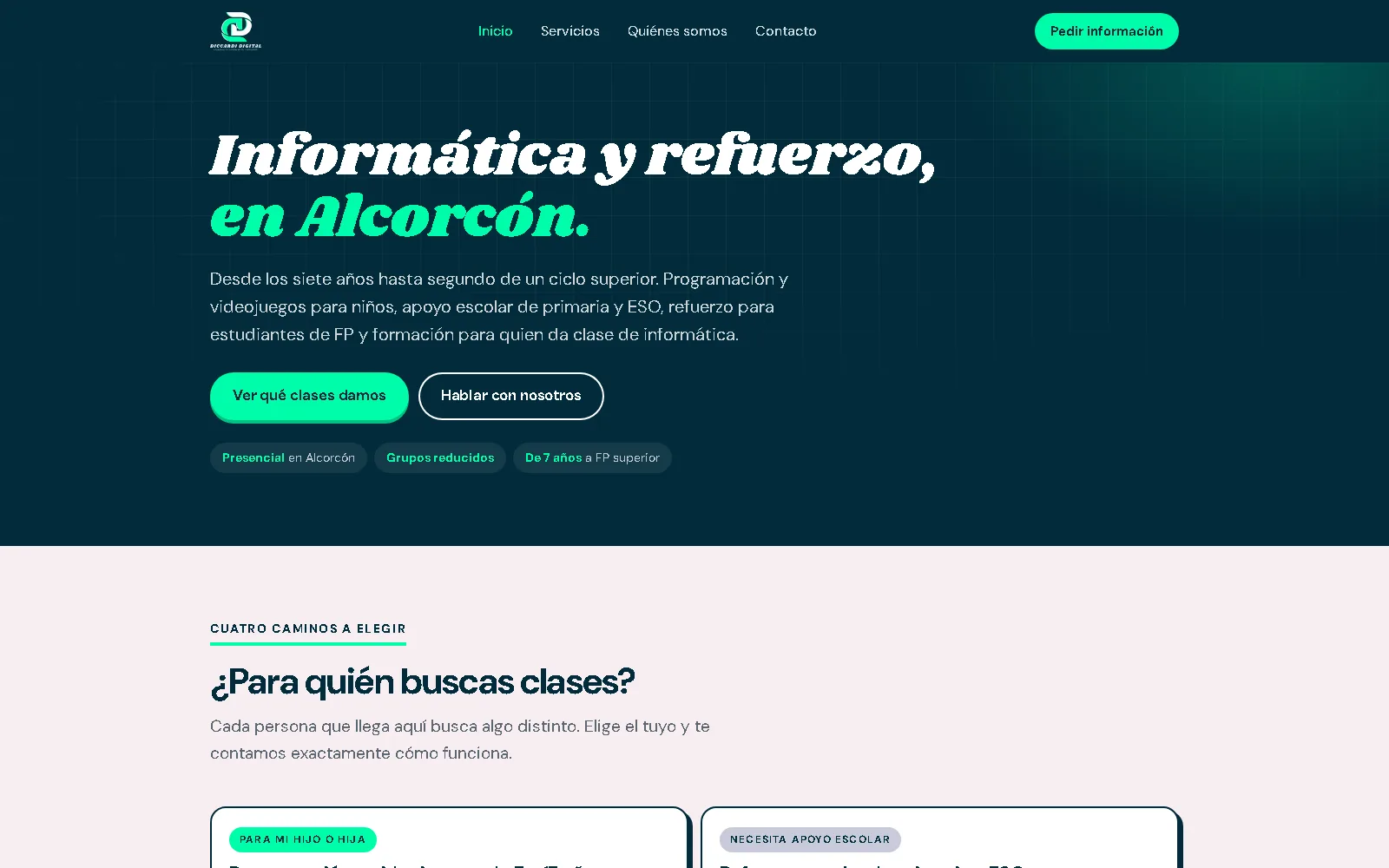 Página de inicio de Diccardi Digital con el titular «Informática y refuerzo, en Alcorcón»