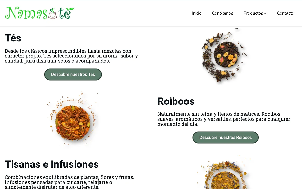 Catálogo de NamasTé Lua por familias: tés, rooibos y tisanas, con fotos de producto